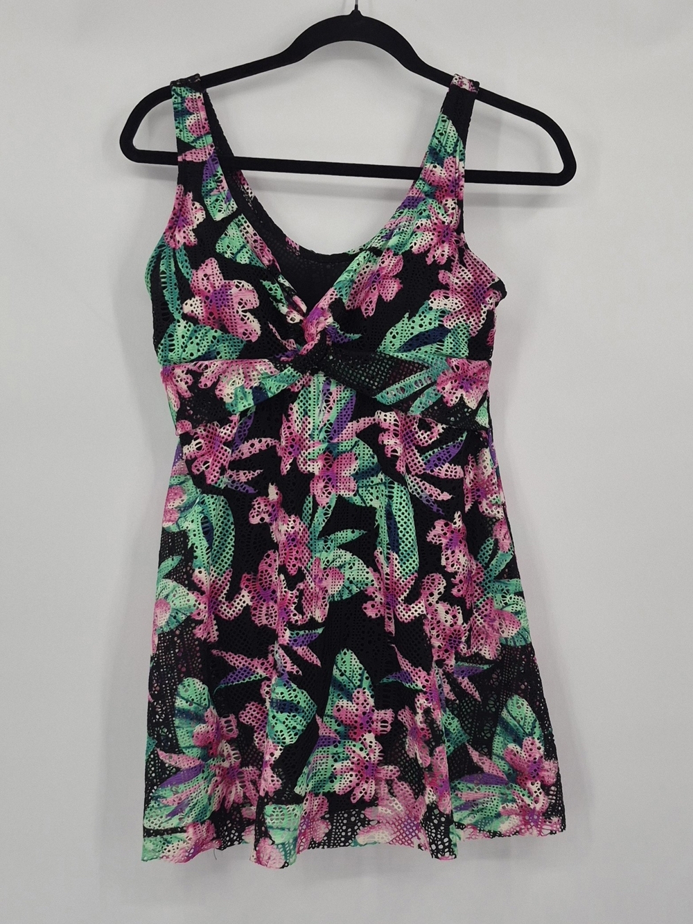 Swimdress Floral Mesh Tropical Twist Front Neckline Size M Colorful